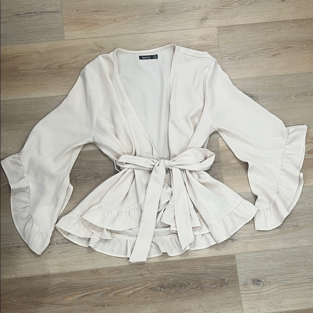 Boohoo Cream Ruffle Wrap Blouse